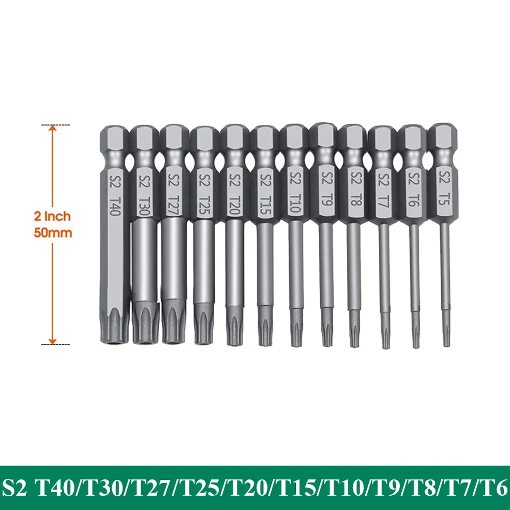 Hex Shank Torx Security Head Screwdriver Drill Set 4 Inch Length S2 Steel Torx Screwdriver Bit Set 11/12pcs Torx Head 1/4 Inch 5