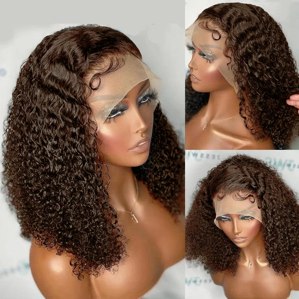 Chocolate Dark Brown Deep Wave 200% Density Short Bob Wigs Human Hair 13x4 Transparent Lace Frontal Wigs Human Hair