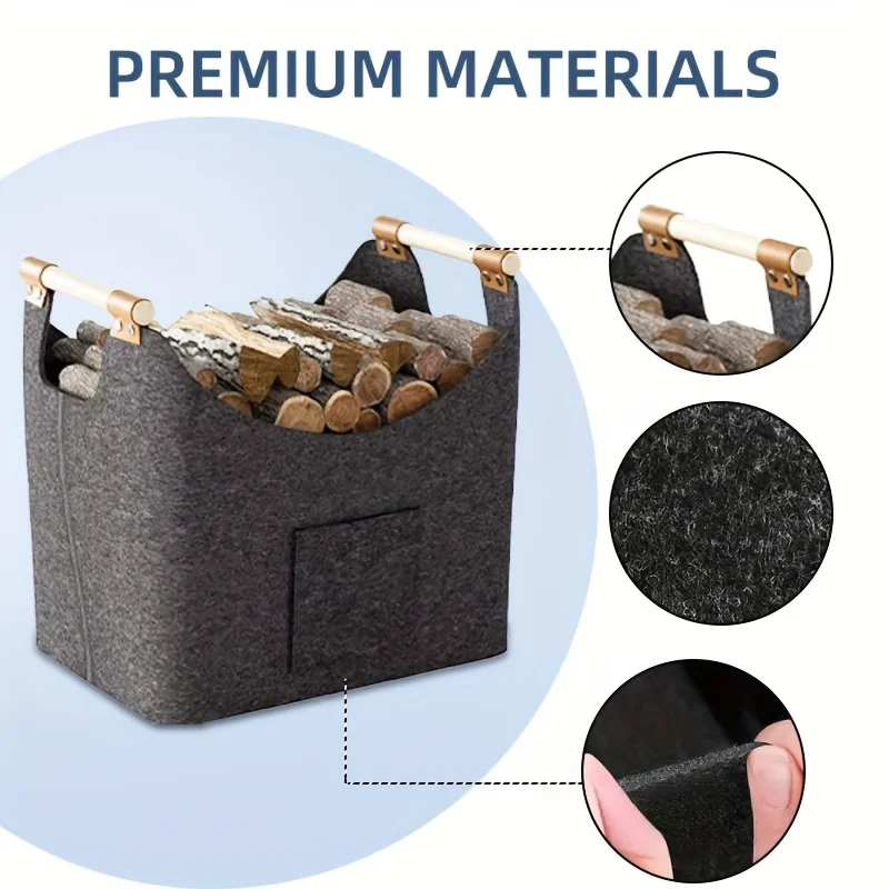 1pc Extra Large Foldable Felt Firewood Basket, Heavy Duty With Reinforced Handles - Multi-use Storage - Dark Grey_voghion.com