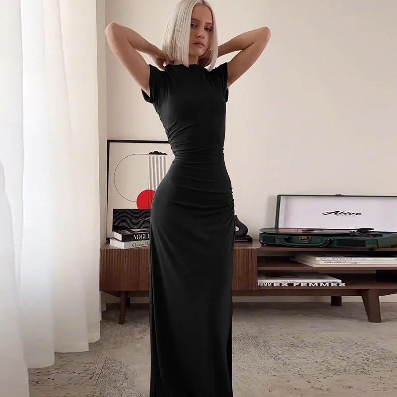 Women's Elegant O Neck Maxi Dress Short Sleeve Slim High Waist Shirring Dress Sexy Side Slit Evening Club Bodycon Dress Lady
