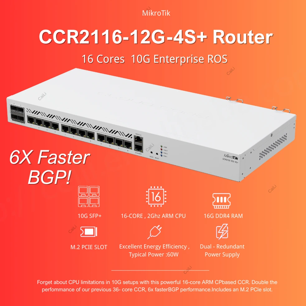 마이크로틱 CCR2116-12G-4S+ 16코어 10G 엔터프라이즈 ROS 16G DDR4 16코어 2GHz CPU 10G SFP+ M2 PCIE 슬롯 듀얼 - 이중화 전원 공급