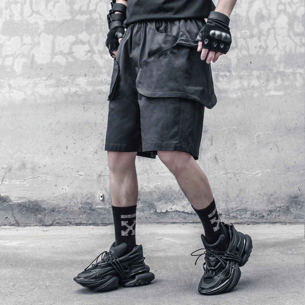 AOGZ Hip Hop Cargo Short Pants Men Streetwear Harajuku Pockets Knee Length Pants Trousers Loose Casual Shorts Elastic Waist