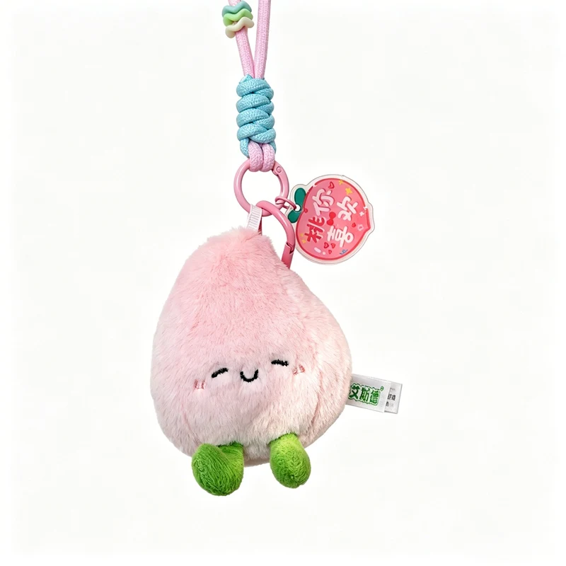 둥근 녹색 코코넛 모양의 귀여운 봉제인형, 흰색 크림색 폼 탑, 작은 분홍색 꽃 자수, 흰색 밀짚으로 된 예쁜 장난감