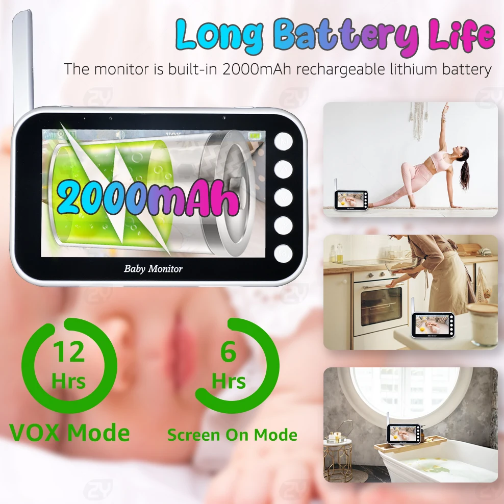 4.3 Baby Monitor with Camera Pan-Tilt 2X Zoom Babyphone 2000mAh 12-Hour  Battery Life 2-way Talk Night Vision VOX Temperature