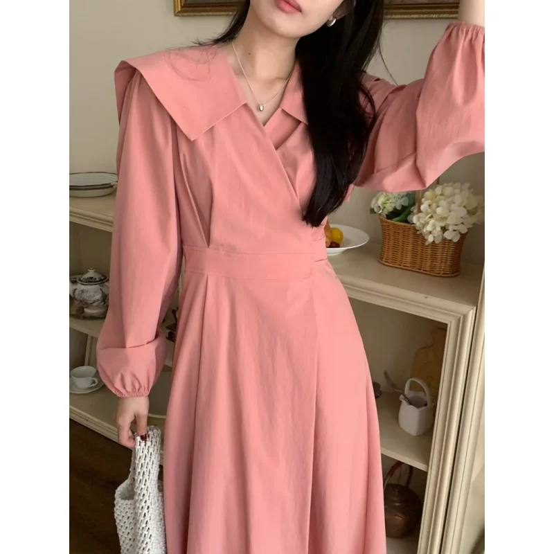 

Real Shot 2024 Early Spring New Sailor Collar Age-Reducing Cute One-Piece Waist Slimming Midi Dress Rihgdss