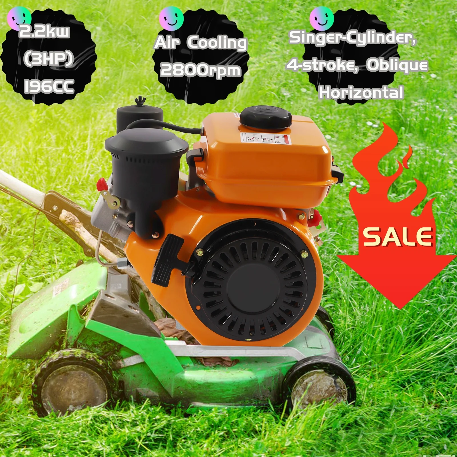 4 Stroke 196 CC Diesel Engine Single Cylinder Oblique Horizontal Engine Hand Recoil  For Small Agricultural Machinery Light 4stroke 3hp single cylinder diesel engine recoil start system diesel motor for go cart lawn mower cement mixer red