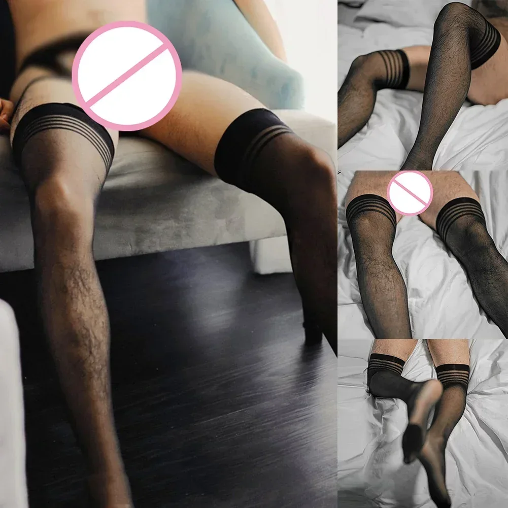 Men Leotard Socks Sexy Breath Mesh Slimming Nightclub See Through Stockings Transparent High Socks Exotic Lingerie Man