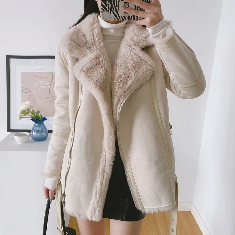 Women European and American Style Plus Velvet Double-sided Coats New Fur Lamb Hair Solid Patchwork Zipper Jackets Design Casual