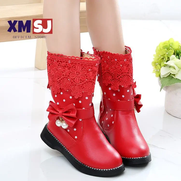 

JGSHOWKITO Girls Boots Warm Cotton Kids Fashion Boots Children Winter Shoes For Girls Snow Boots PU Leather Lace Bow-knot Sweet