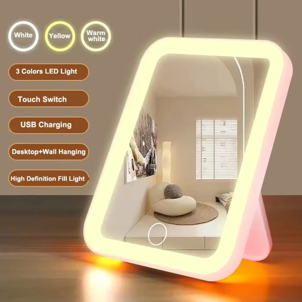 LED Smart Desktop Makeup Mirror with Fill Light, Small Dormitory Dressing Table Mirror for Girls