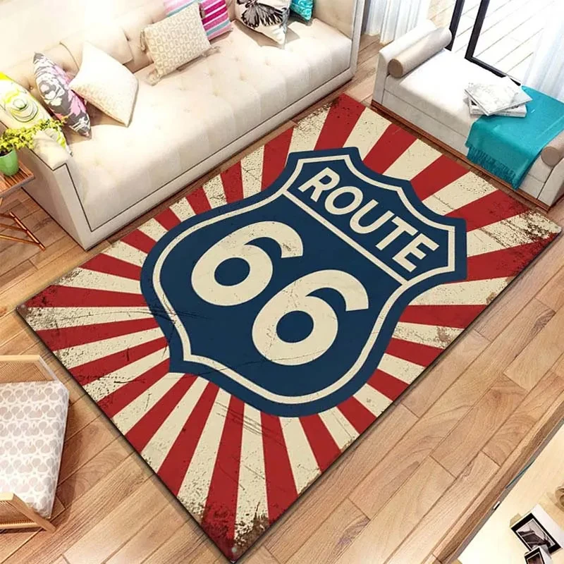 

Route-66 Carpet American Mother Road Pattern Room Rug Vintage Cars Motorcycle Floor Mat for Living Room Bedroom Home Decor Gift