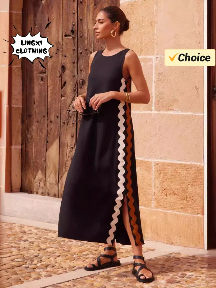 우아한 원피스 보헤미안 스플라이싱 민소매 여성 로브, 해변 휴가 스타일, 단색, 섹시한 여성 패션, 2024 여름 신상 