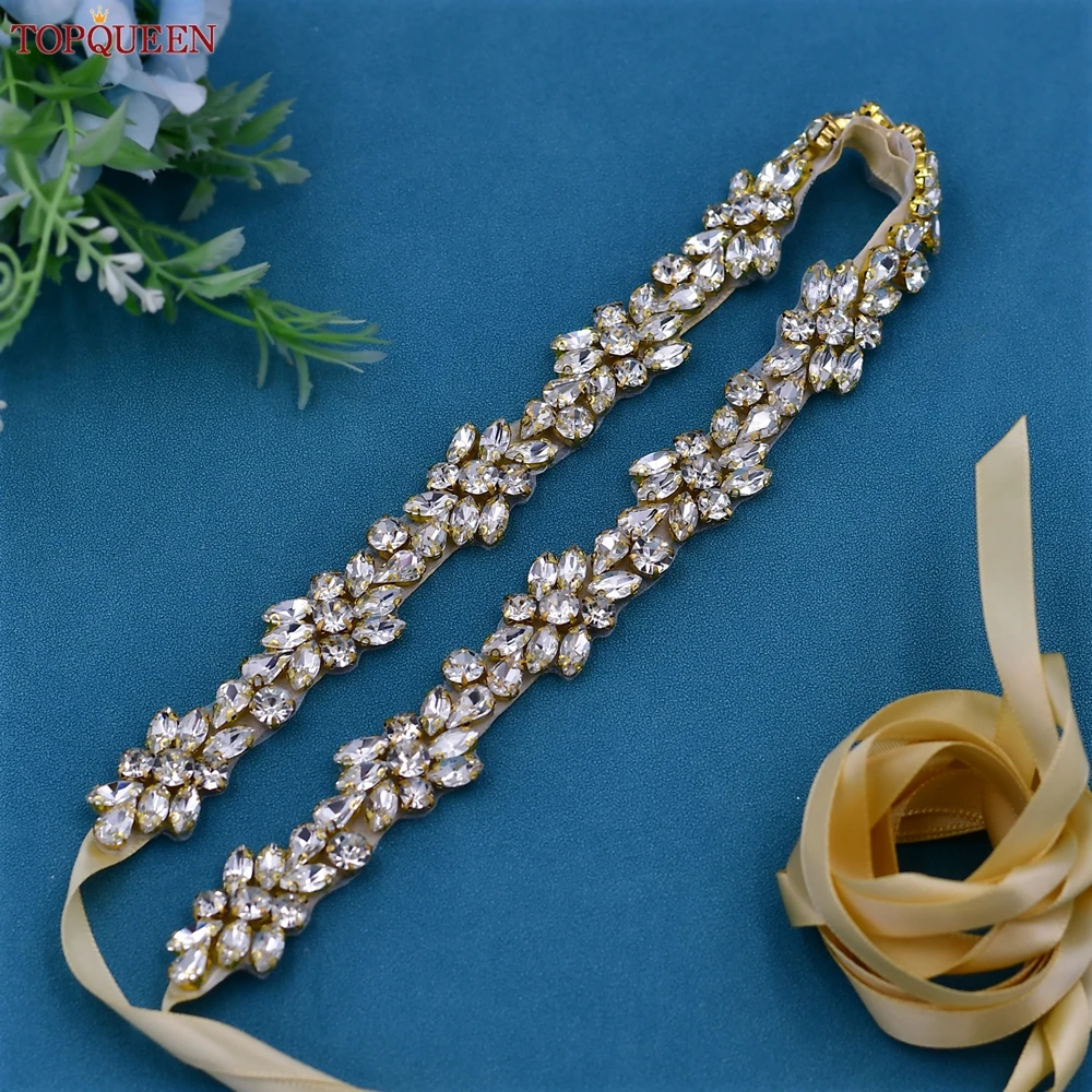 TOPQUEEN S437-G Gold Rhinestone Trim Applique Bridal Belt Jewelry