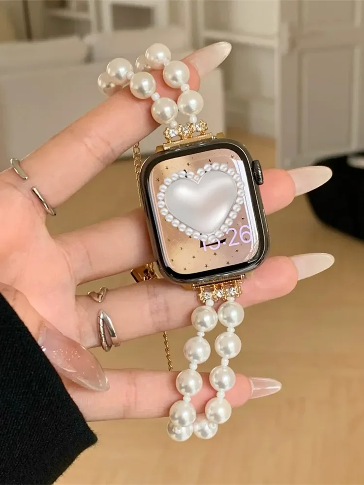 

Luxury Diamand White Pearl Bracelet For iWatch Series 8 7 6 5 4 3 SE Women Slim Strap For Apple Watch 41mm 40mm 38mm 45 42 44 49