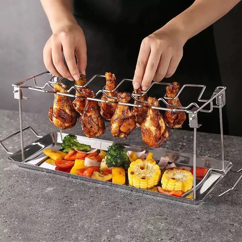 BBQChickenLegWingGrillRackwithDripPan12SlotsStainlessSteel