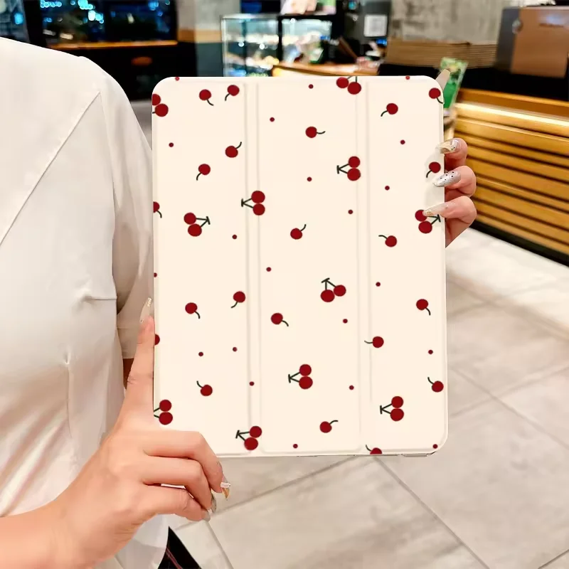 Cherry Pattern Three-Folded Edge Case with Pen Holder