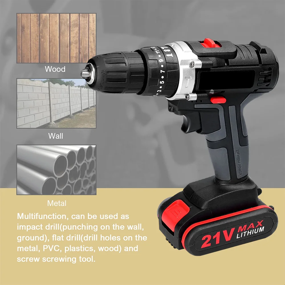 21V Electric Impact Cordless Drill High-power Lithium Battery Wireless Rechargeable Hand Drill DIY Home Electric Power Tools