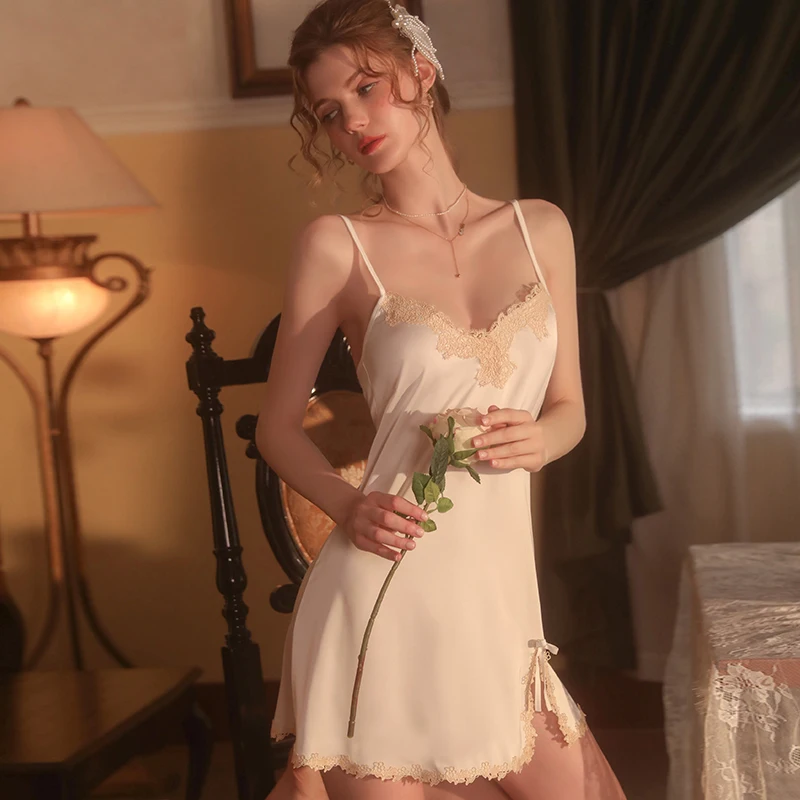 Sexy Mousse Sweet Girl Private Room Pajamas Lace Embroidered Suspender Skirt Solid Color Lace Cardigan Home Clothes Suit 2023