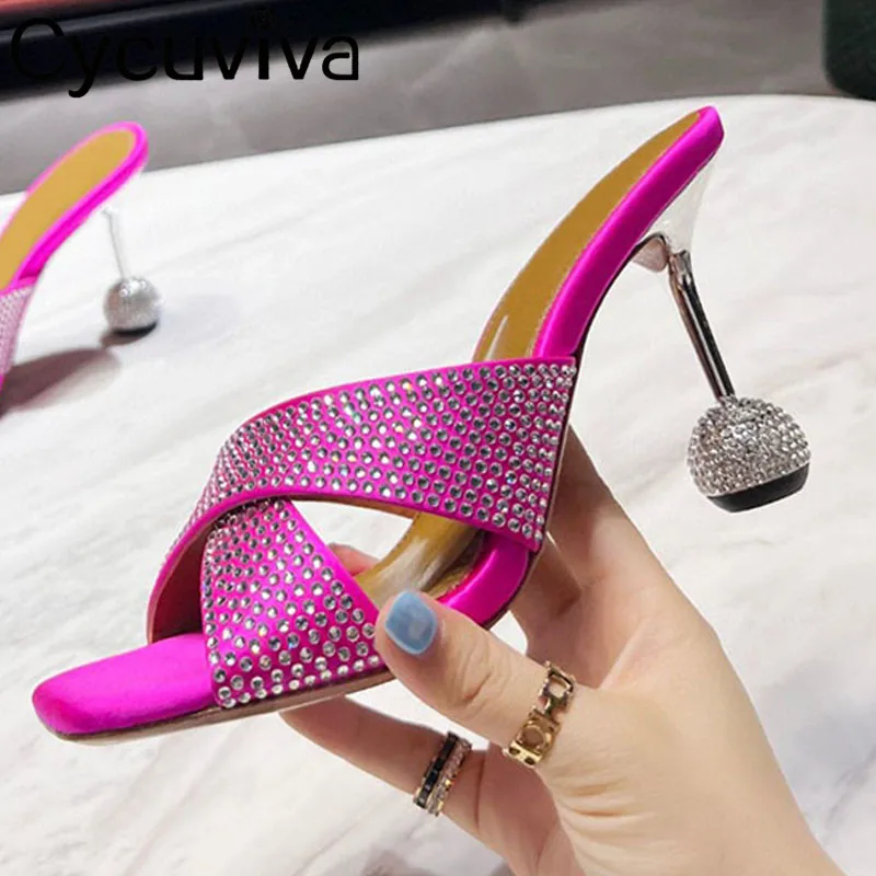 

Cross Band Crystal Ball High Heel Slippers Women Rhinestone Designer Runway Shoes Summer Sexy Outdoor Party Dress Slippers