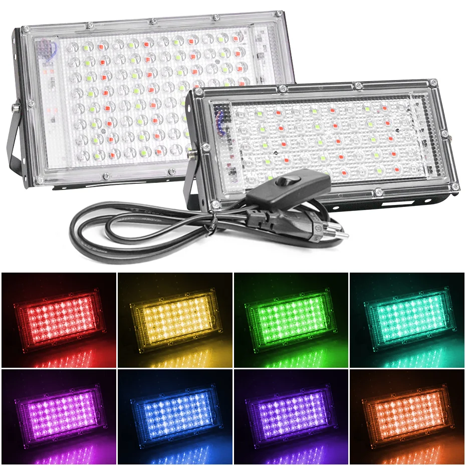 

Светодиодный прожектор 50 Вт 100 Вт, светодиодный прожектор RGB, белый точечный светильник AC220 в, светодиодный уличный светильник, ландшафсветильник льник с дистанционным управлением, европейская вилка