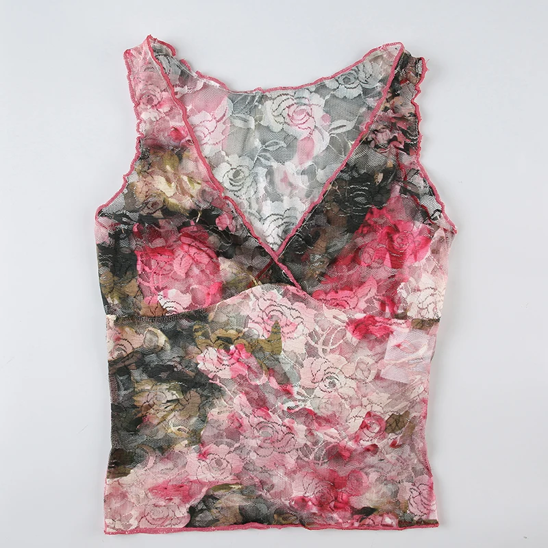 Sweetown French Romantic Colorful Floral Print Lace Vest Sleeveless V Neck Slim Elegant Sexy Summer Vacation Boho Tank Top Women
