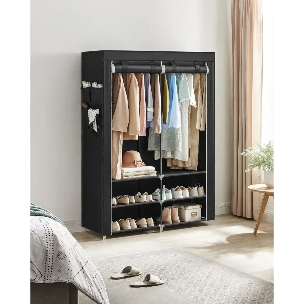 

Portable Closet Wardrobe with Shoe Rack and Cover, Closet Storage Organizer, 2 Hanging Rods, Shelves, and 4 Side Pockets