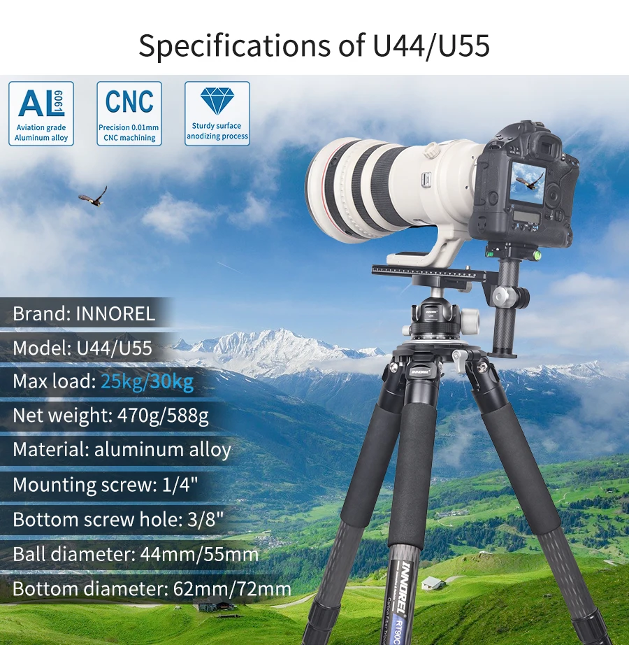 U44/U55 Low Profile Camera Tripod Ballhead, with Arca 1/4" Quick Release Plate,