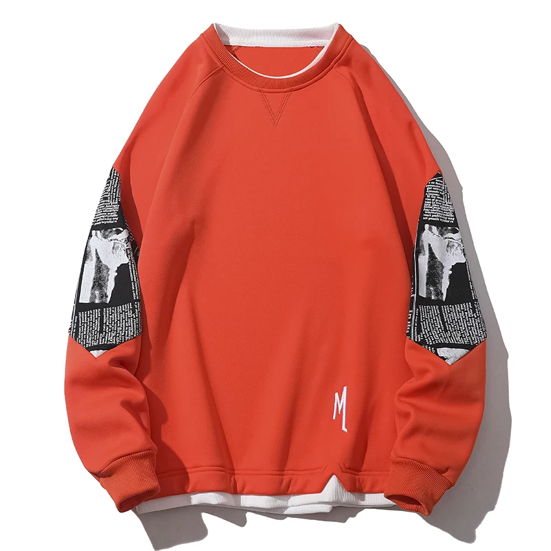 2024 New Korean Style Autumn Print Men's Round Neck Contrast Color Thin Style Long Sleeve Loose Fake Two Pieces Sweatshirt Tops