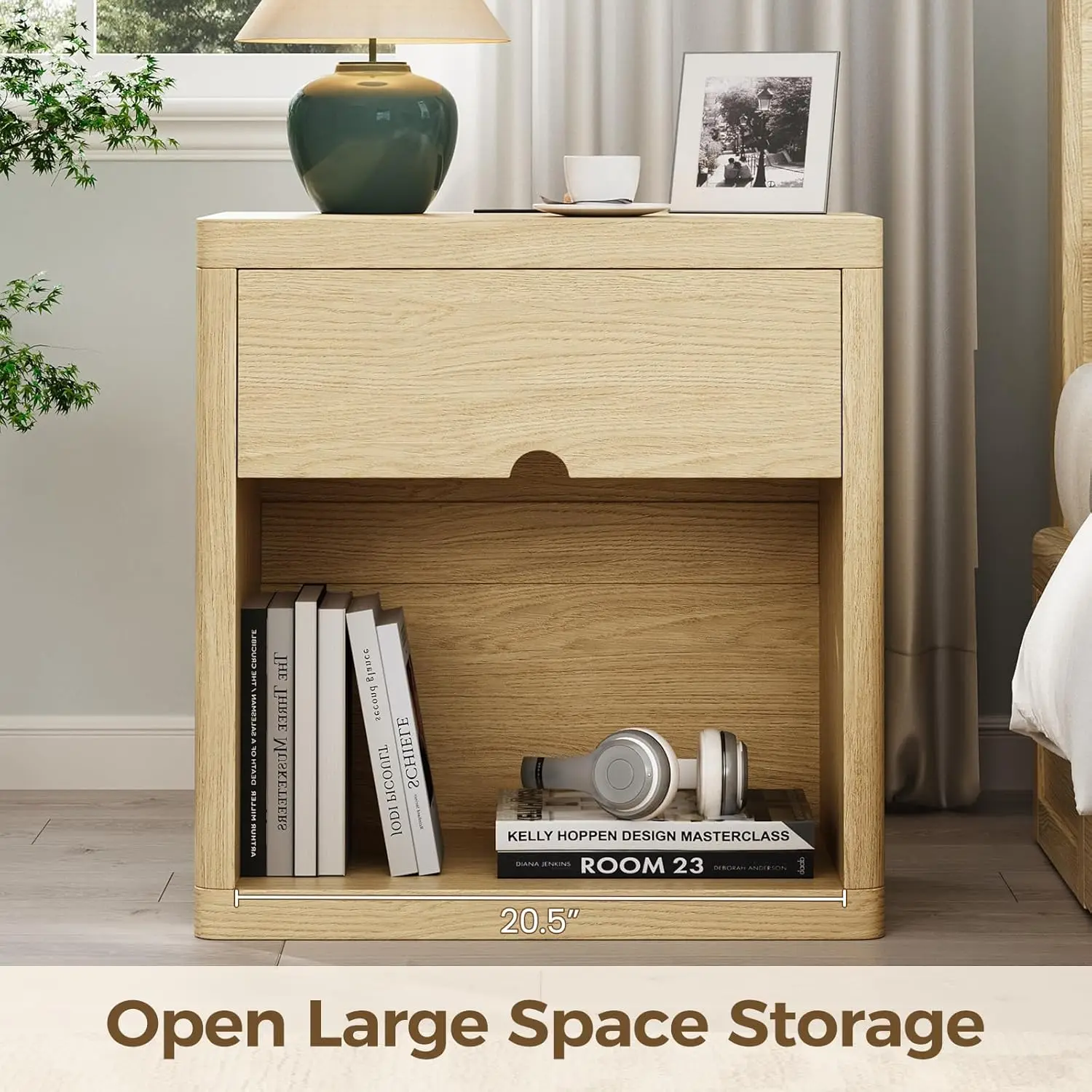 24" Wide Modern Nightstand with Drawer Storage Smooth Crescent Design Bed Side Table Large Wide End Table Minimalist Bedside