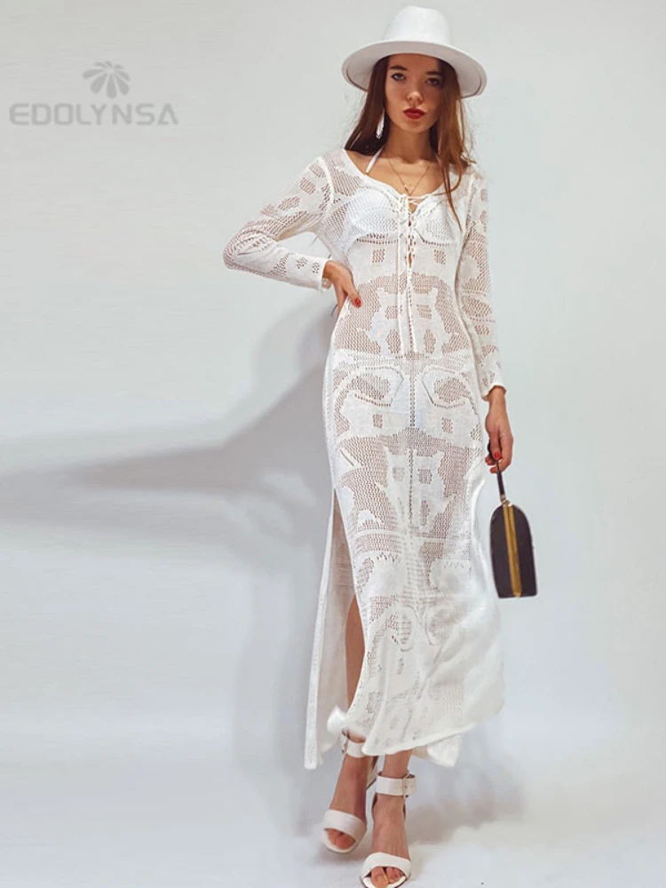 Women Beach Cover Crochet Swimwear Rash Guard Beach Kaftan Wrap Dress Robe de Plage Saida de Praia