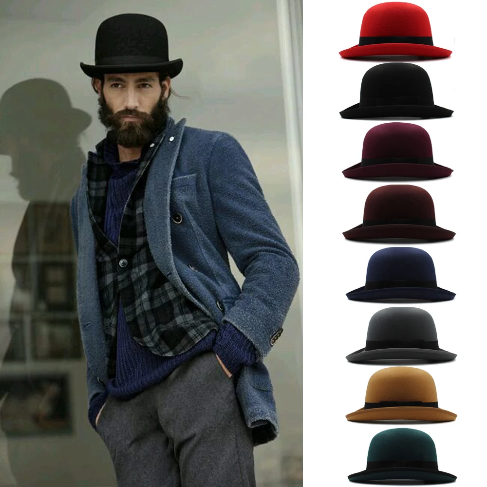 Men Women Wool Blend Oval Top Bowler Hats Woolen Fedora Caps Trilby Classical Derby Sunhat Adjustable UK M-L US 7 1/8-7 3/8 1