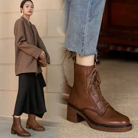 2025 Winter Genuine Leather Women Boots Round Toe Thick Heel Lace Up Fashion Ankle Boots Retro Boots  Platform Shoes Heels Grown - Image 5
