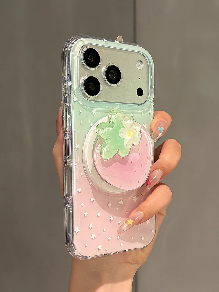 Stylish Strawberry Grip Tok Stand with Gradient Stars and Magnetic Wireless Charging Cover