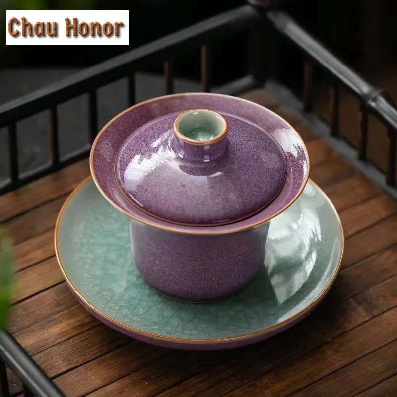 160ml High End Jun Kiln Porcelain Tea Tureen Handmade Ru Kiln Sancai Gaiwan Anti Scalding Cover Bowl Tea Brewing Tea Bowl Teaset