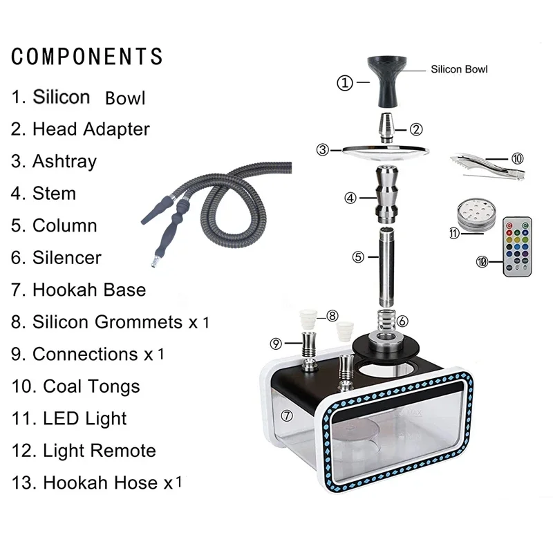 Hookah full set Hot Selling Acrylic Tank Hookah Kit Double Tube Pipe Household With LED Light For Two Smoking Set