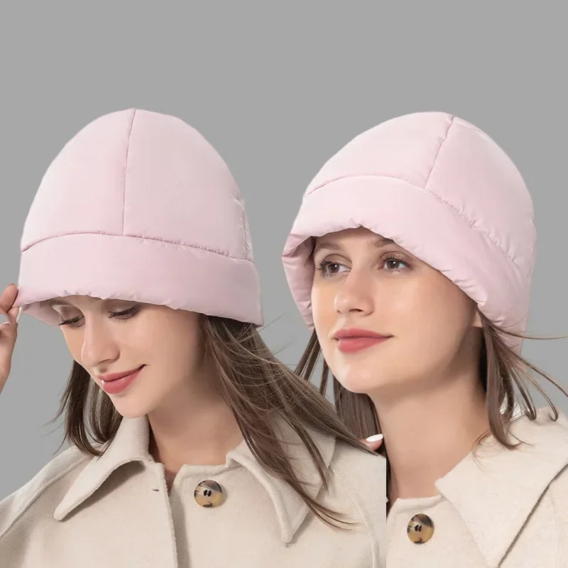 Fashion Quilted Fluffy Down Beanies Hat Outdoor Warm Lightweight Ear Protection Cold Hat Winter Hood New Women Pullover Skullies 6