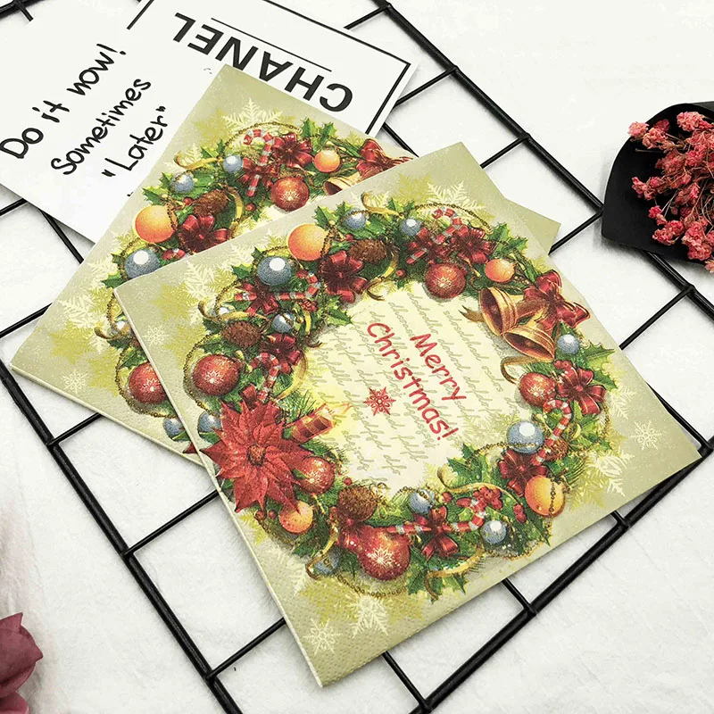 Colourful Printed Napkins Christmas Bell Square Facial Tissues Christmas Party Disposable Placemat Tissues Food Grade 20pcs/pac