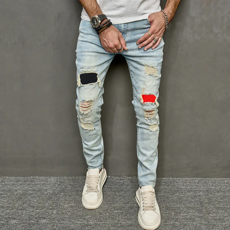 

2023 New Fashion Men's Jeans Slim Small Feet Casual Patch Frayed Men's Jeans