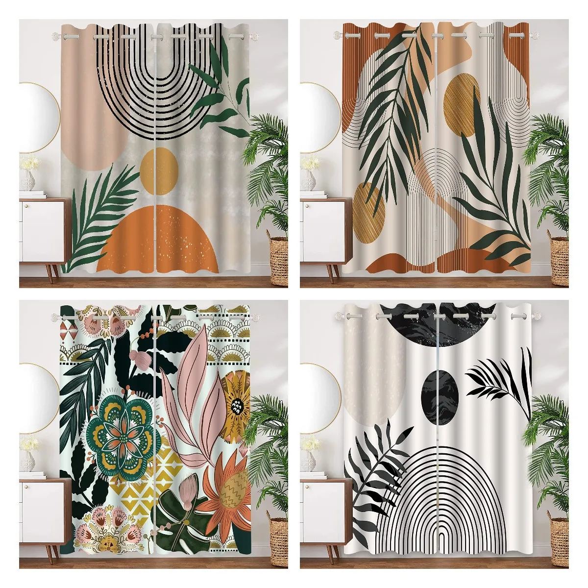 

Flower Window Curtains Leaf Mid Century Modern Curtain Boho Blackout Drapes for Bedroom Living Room High Shading(70%-90%)