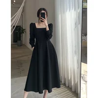 2022 Autumn New Women's Long Sleeve Black Dress French Vintage Haban Style Square Collar Long Dress