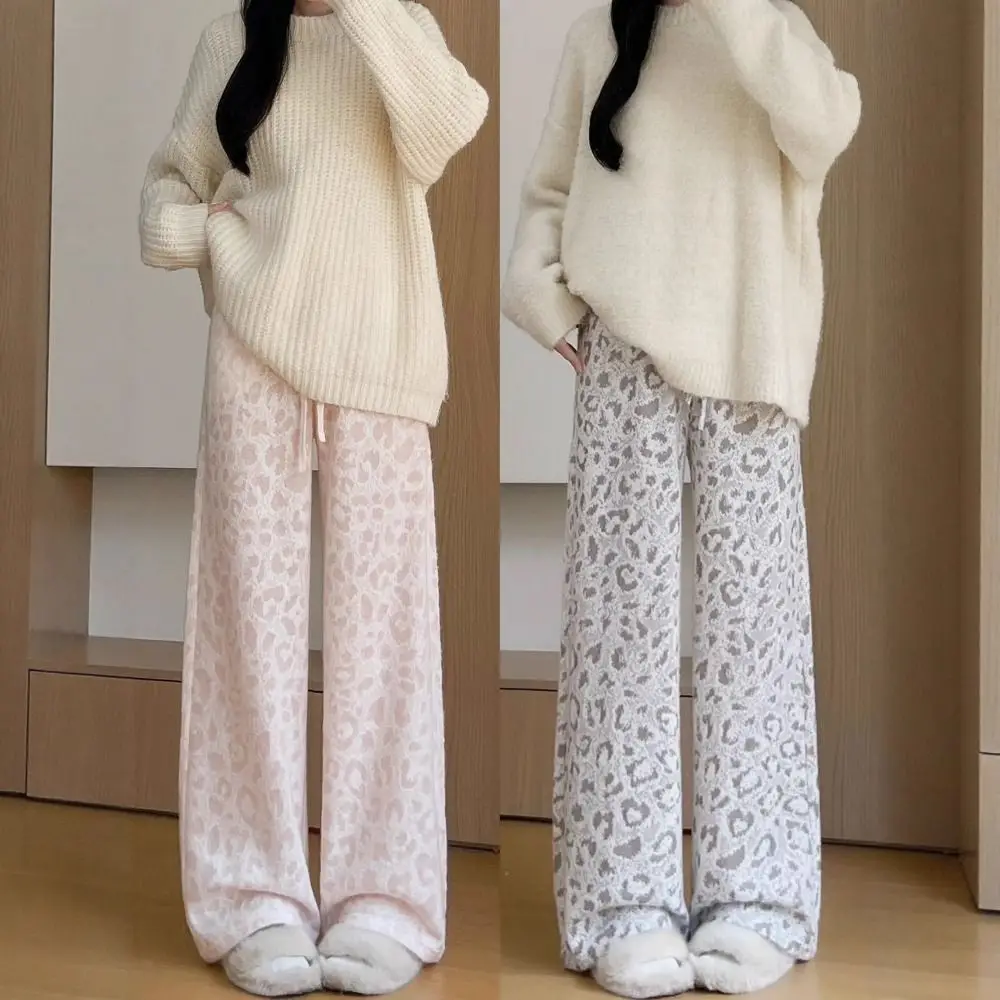 Fashion Plush Velvet Leopard Pants Thicken Warm Drawstring Wide Leg Pants Loose High Waist Casual Pants Women Female