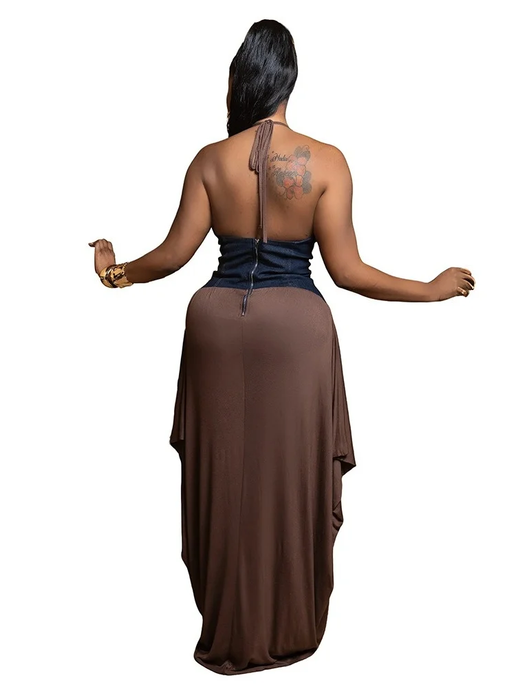 Wmstar Dresses for Women Wholesale Sexy Patchwork Denim High Waist Deep V Neck Big Swing Long Length Dress Drop Shopping