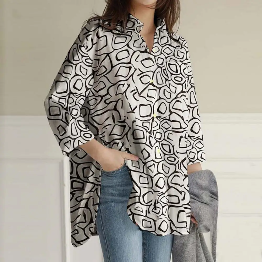 Long-sleeve Printed Blouse Colorful Print Turn-down Collar Blouse for Women Loose Fit Long Sleeve Top with Chest Pocket Split