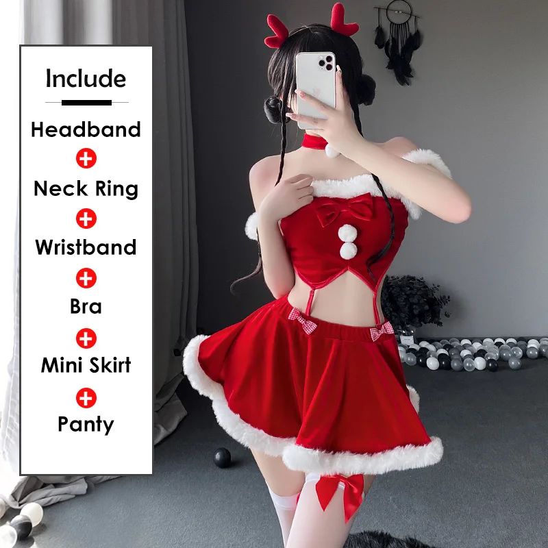 Women Christmas Santa Claus Cosplay Costume Sexy Lingerie Mini Skirt Outfits Erotic Maid Uniform Anime Roleplay Sex Porn Clothes