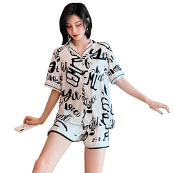 New Pajamas Female Summer Ice Snow Silk Thin Short Sleeve Shorts Two-piece Fashion Home Service Suit