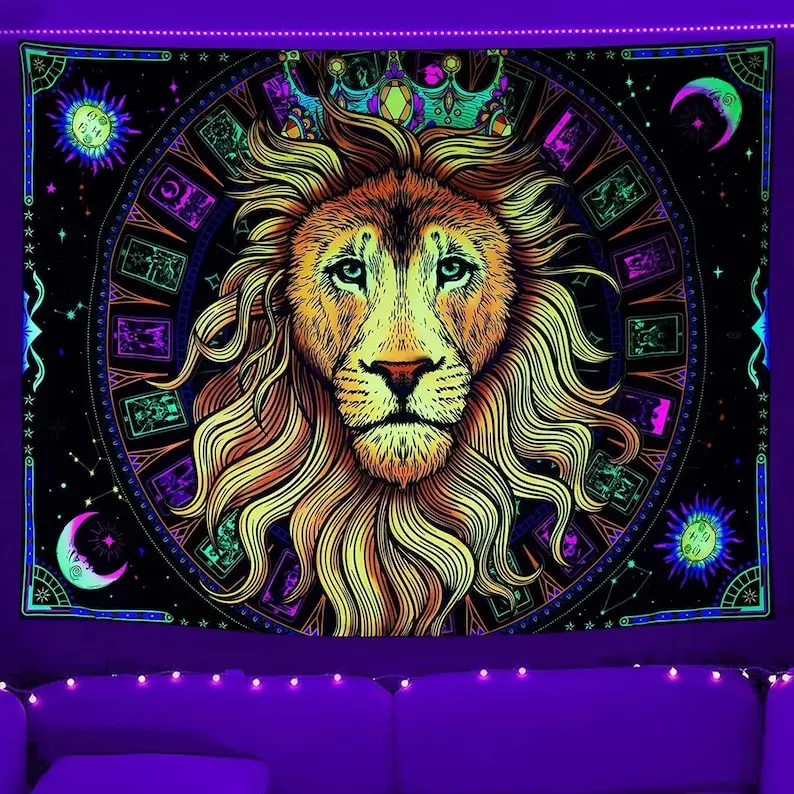 

Fluorescent Lion Tapestry UV Reactive Tapestry Wall Hanging Cool Blacklight Trippy Psychedelic Tapestry For Bedroom/ dorm Decor