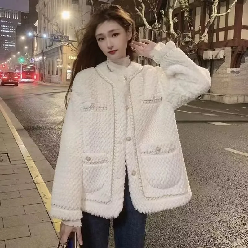 Lamb Faux Fur Leather Jacket Women New Autumn Winter Warm Thick Coat Fleece Casual Pocket Single-breasted Korean Outerwear