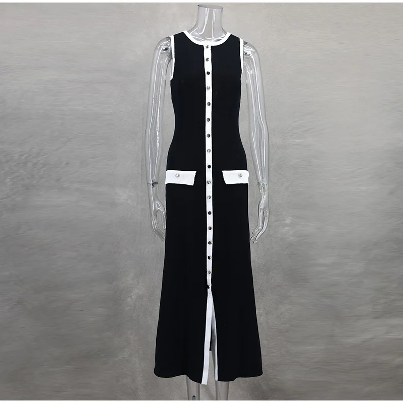 Elegant Single Breasted Knitted Maxi Dress Women Fashion O Neck Sleeveless Fake Pockets Dresses New Lady High Street Robes