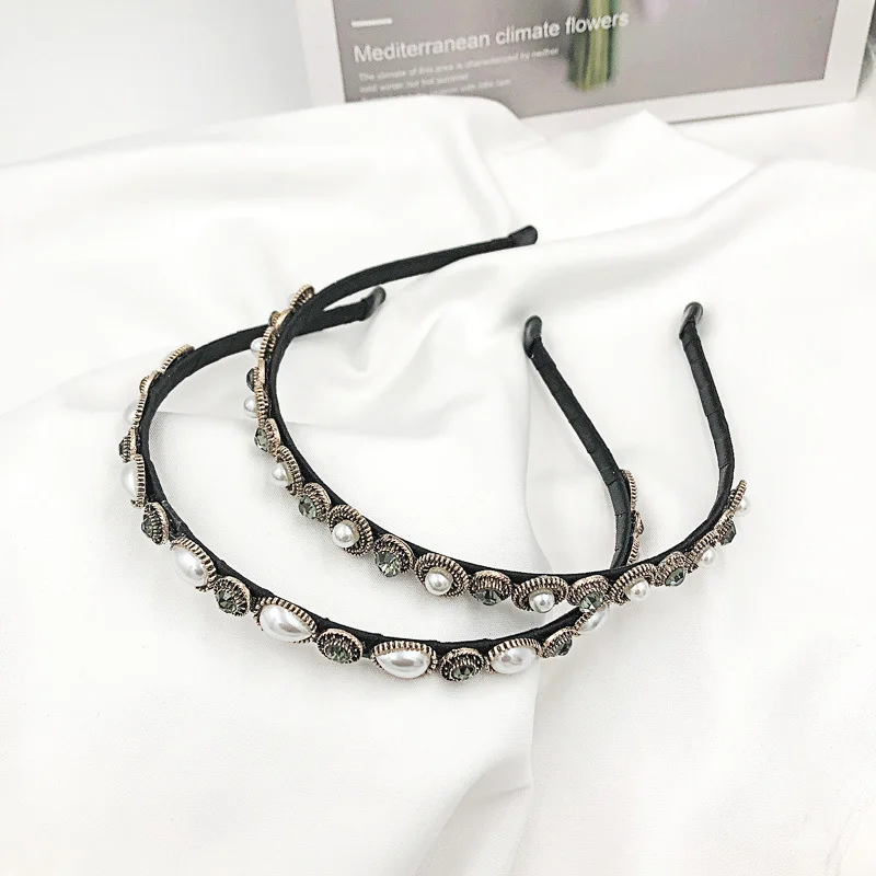 2023 Fashion Baroque Pearl Rhinestone Black Headband Vintage Flower Rectangle Water Drop Tassel Thin Hairband for Women Gifts