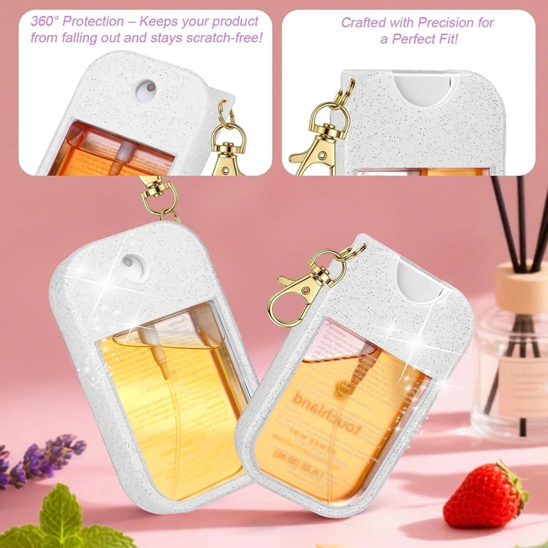 Étui en silicone rose avec porte-clés pour Touchland 30ml, solution hydroalcoolique protégée.